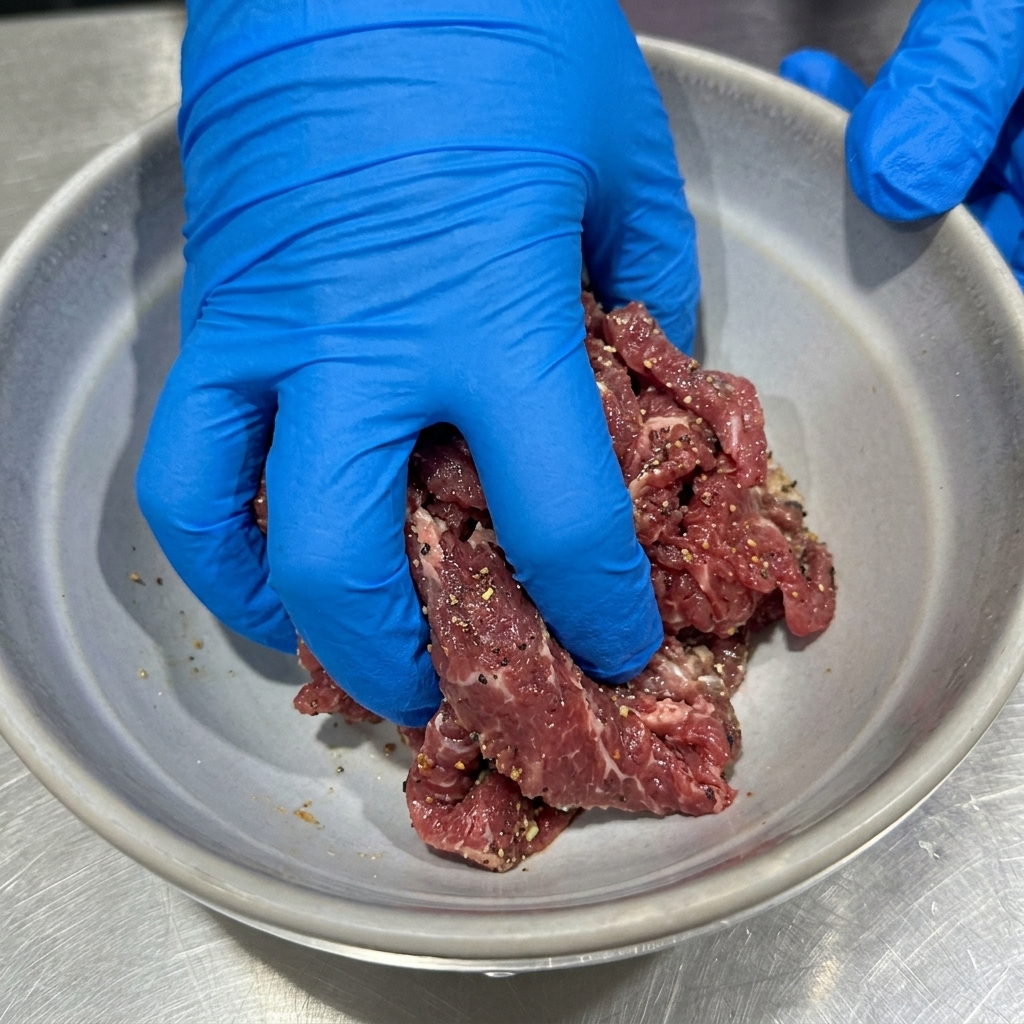 Gloved hands mixing seasoned beef in a bowl before adding oil.