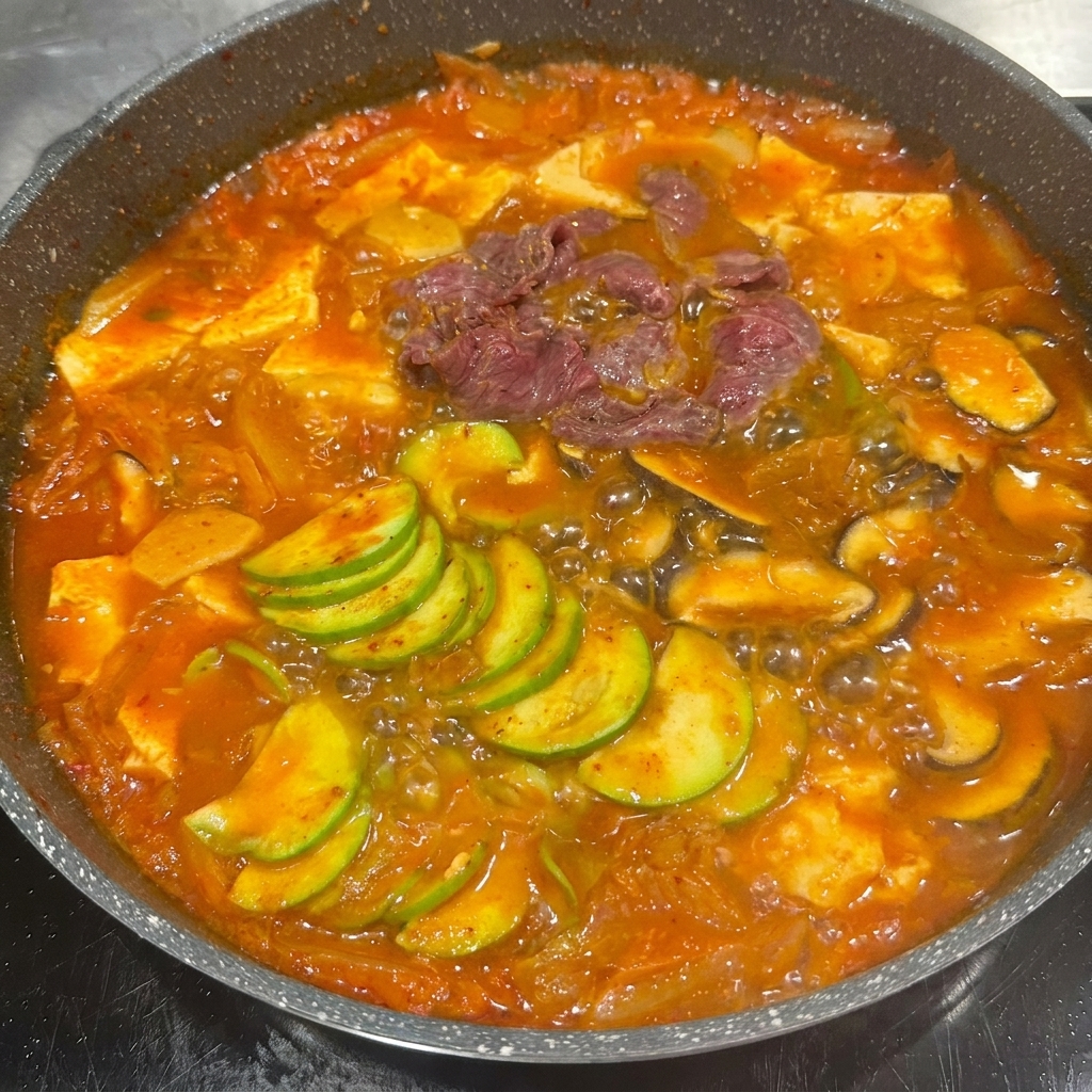 Marinated beef slices being placed into the pot with the simmering vegetables and kimchi broth.