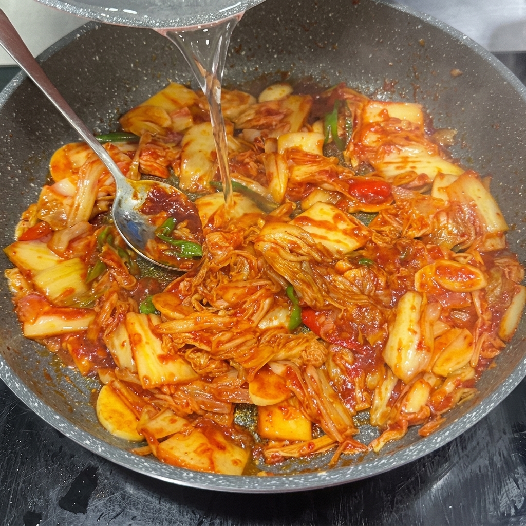 Fresh bean sprouts and enoki mushrooms being added to the bubbling red kimchi soup.