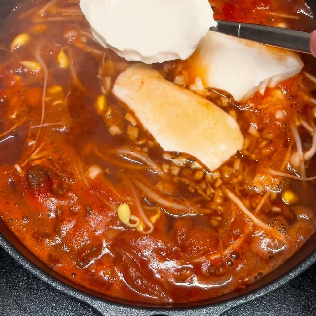 Large chunks of white silken tofu being carefully placed into the simmering spicy broth.