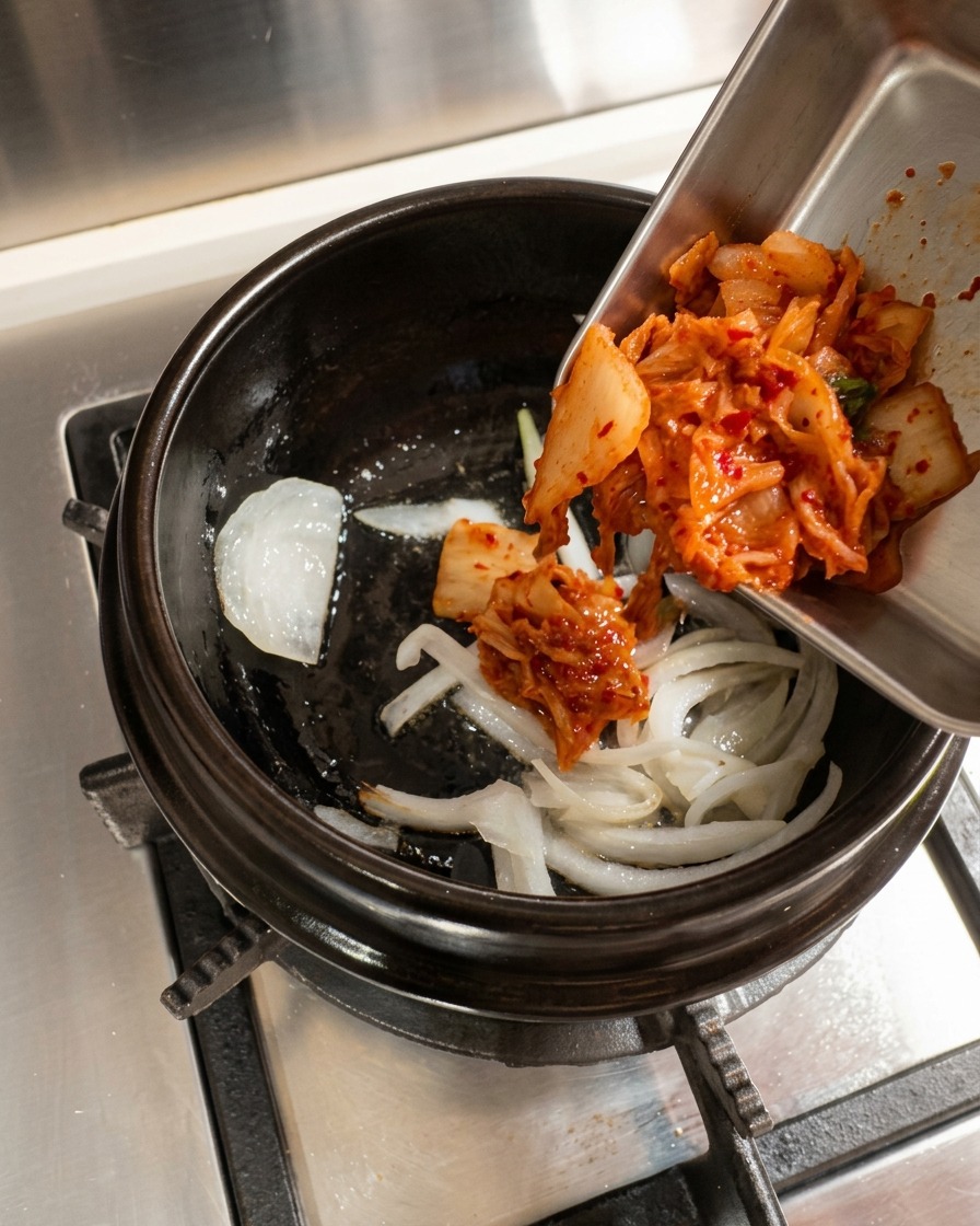 Kimchi being added to the stone pot and mixed with sautéed onions.