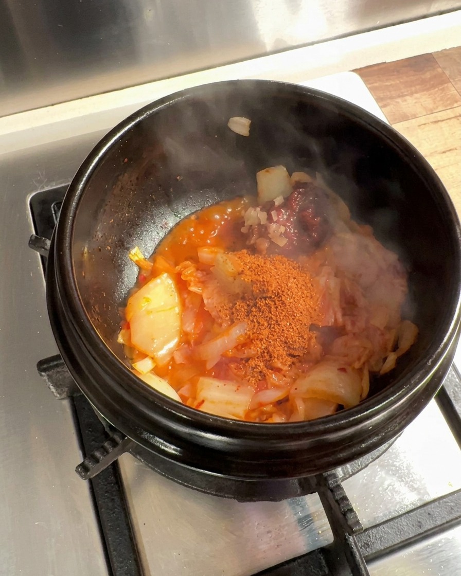 Seasonings like chili powder, sugar, and soy sauce being sprinkled over the kimchi base in the pot.