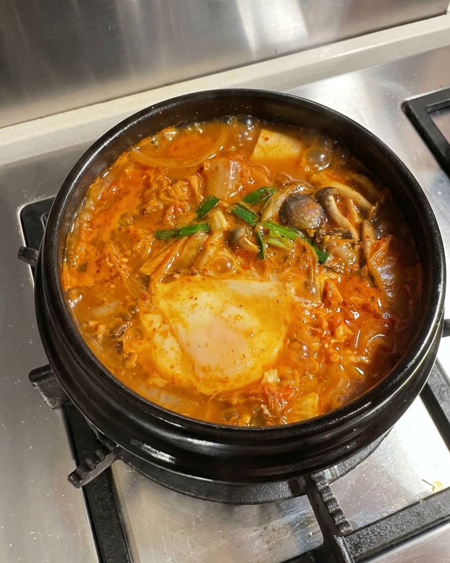 A completed pot of kimchi beef tofu stew, garnished with bright green onions and red chili slices on top.