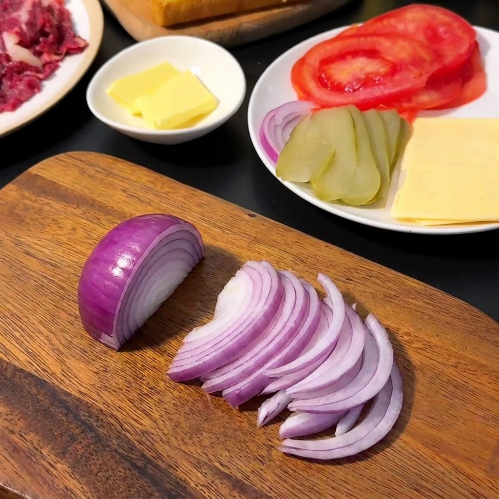 Finely diced red onion pieces neatly arranged on a wooden cutting board next to a kitchen knife.