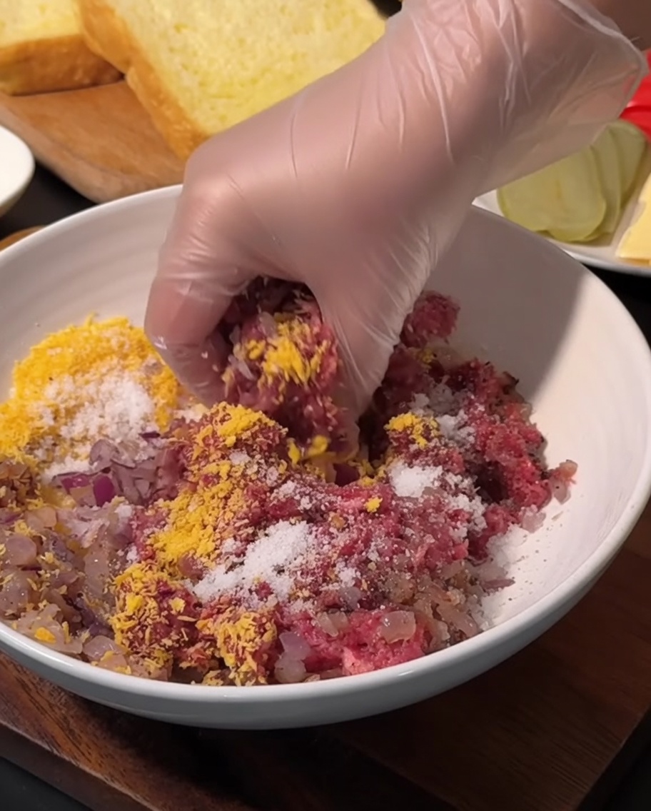 Shaped round raw beef patty sitting in a white bowl, ready for cooking.
