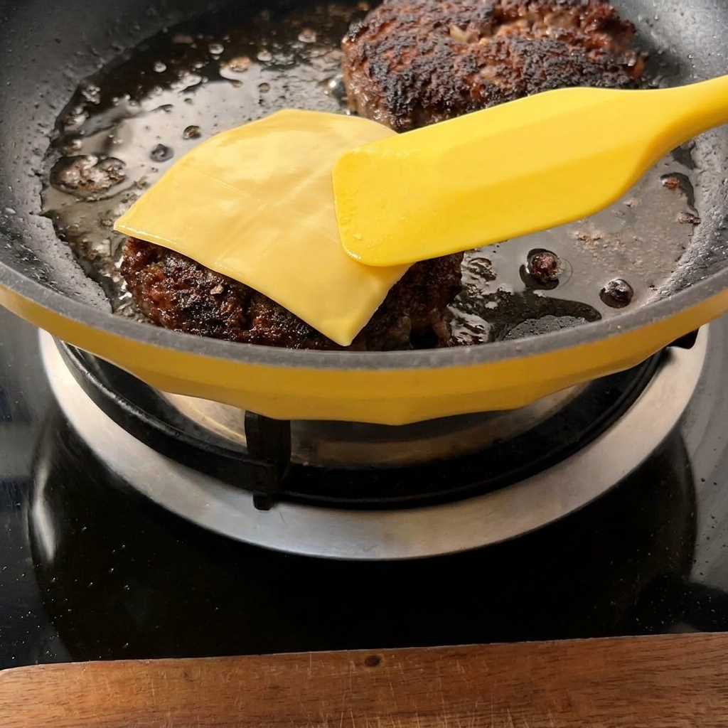 Yellow cheese slices melting over beef patties in a pan, with a yellow spatula visible.