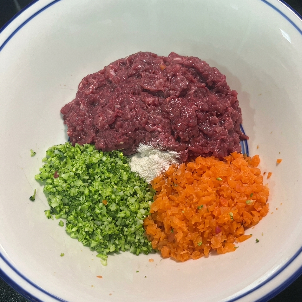 A bowl containing minced beef, finely chopped broccoli and carrots, with seasonings ready to be mixed.