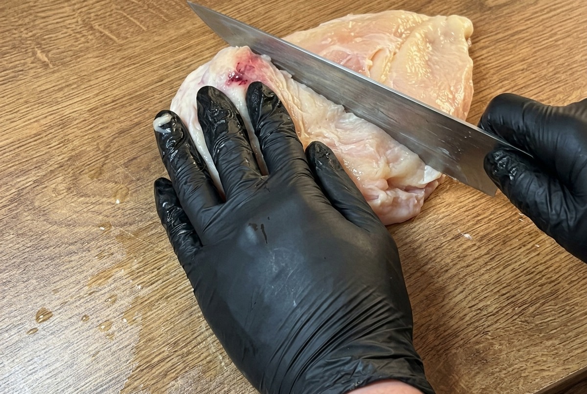 A raw chicken breast on a wooden board being trimmed of excess fascia with a chefs knife.