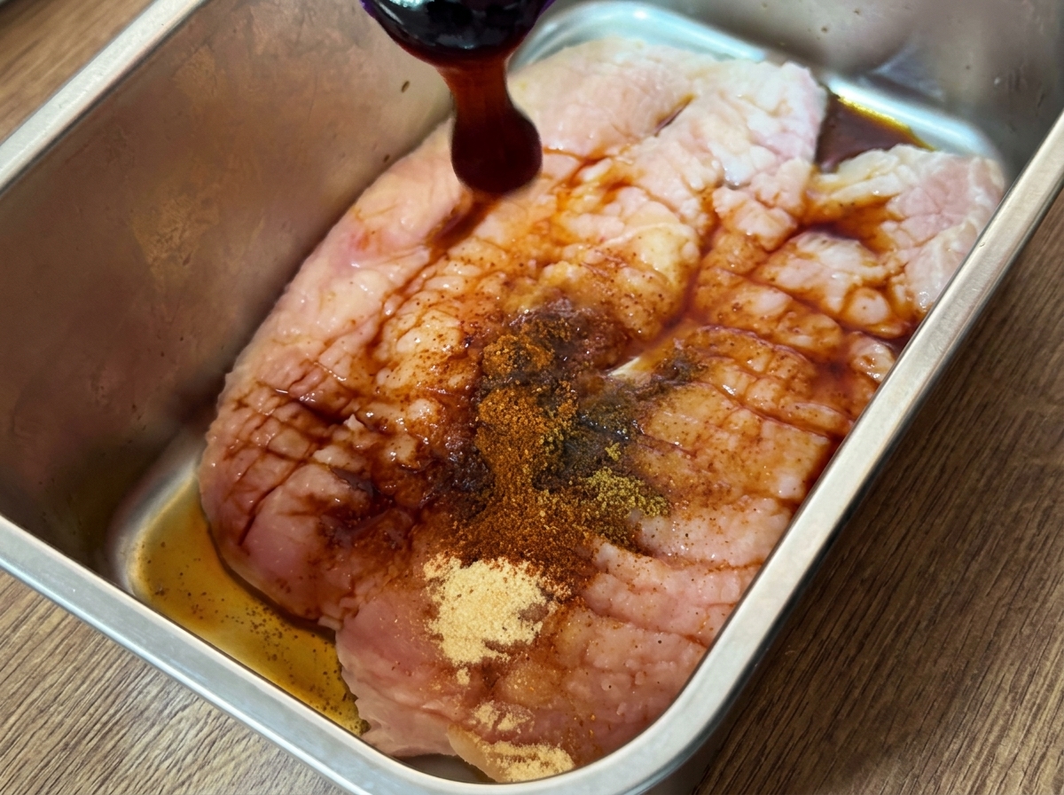 Seasoned chicken breast in a metal container with various spices and sauces added.