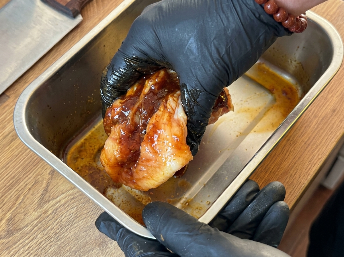Hand in a black glove massaging dark marinade into the chicken breast.