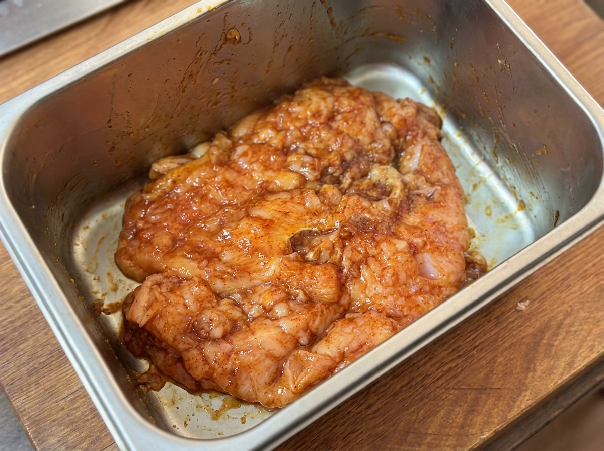 Metal container with marinated chicken covered with clear plastic wrap.