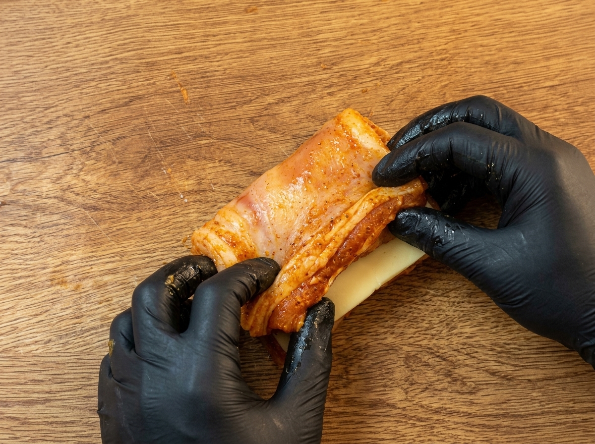 Raw chicken being folded over to encapsulate the cheese slices inside.