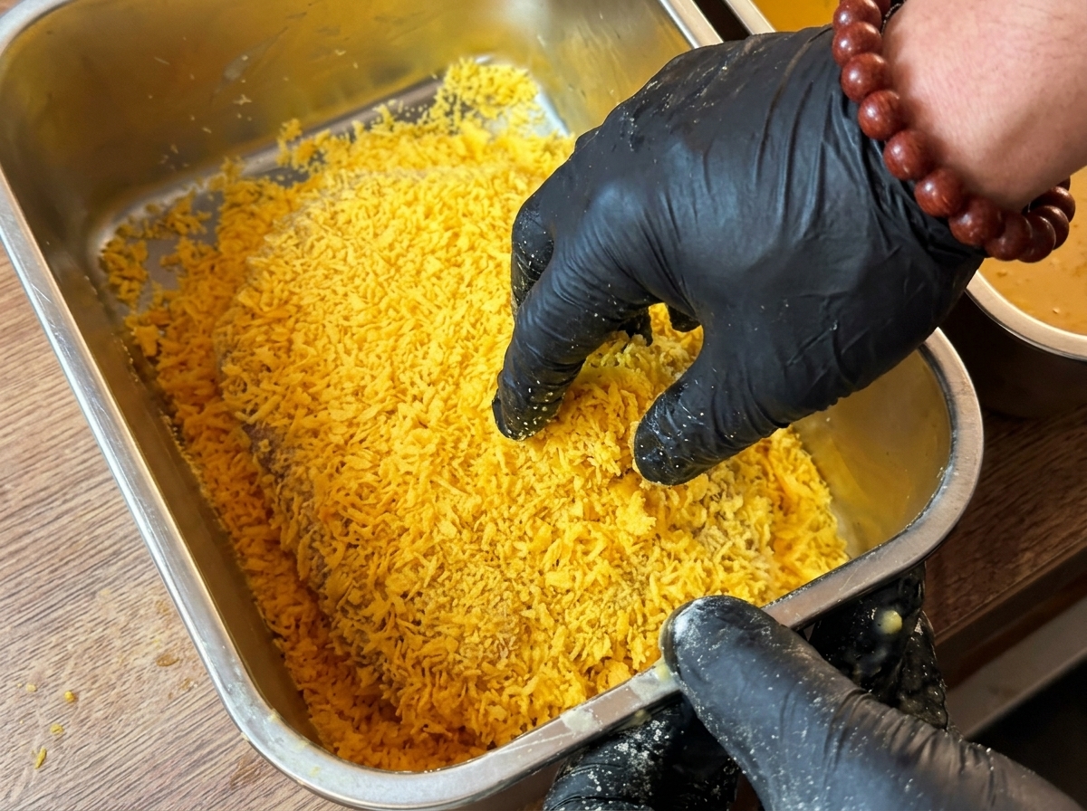 Thick layer of breadcrumbs being pressed onto the egg-coated chicken breast.