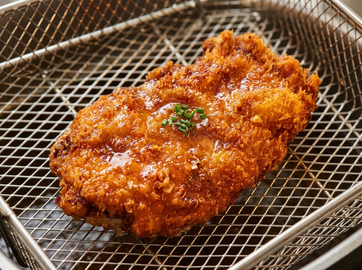 Crispy, golden-brown fried chicken patty being removed from the deep fryer.