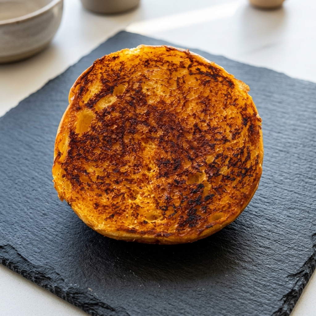 The deeply browned, toasted inside surface of a burger bun.