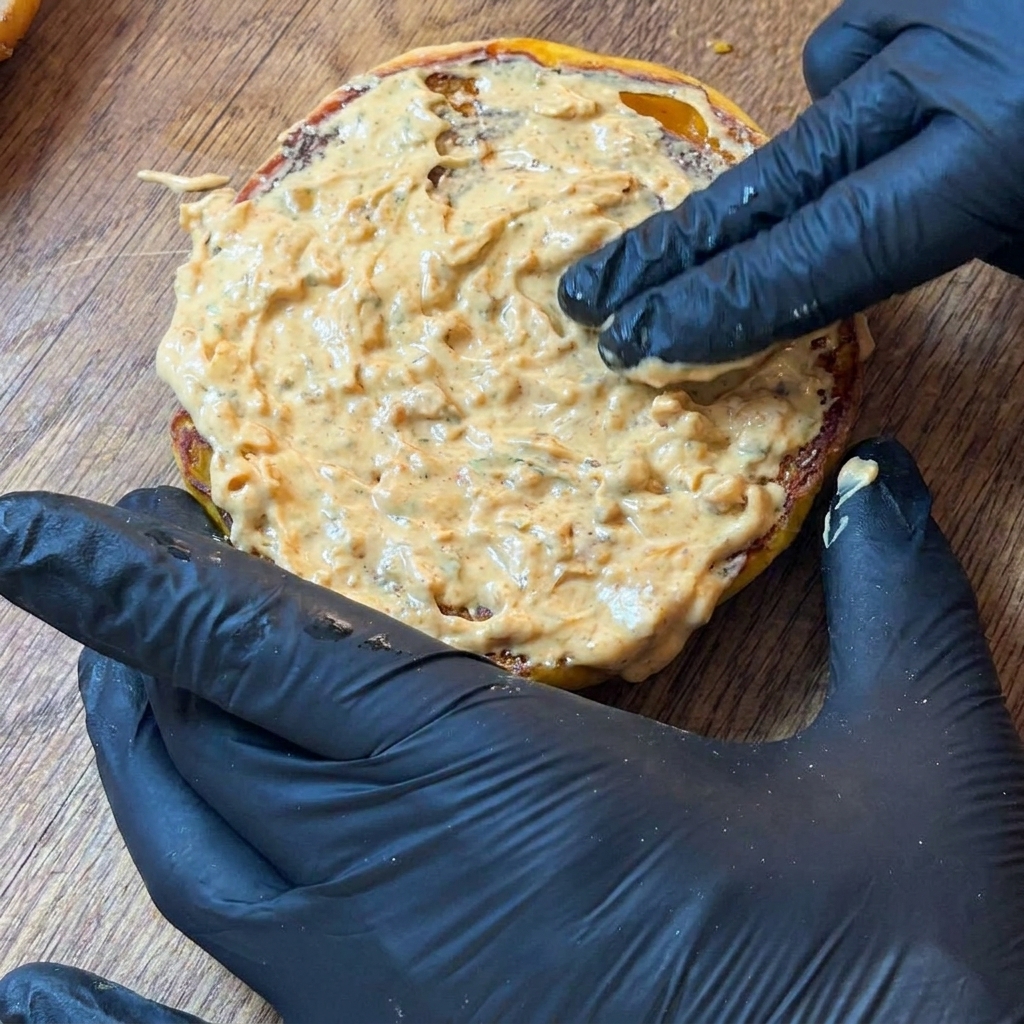 A black-gloved hand spreading a thick, creamy sauce evenly across a toasted burger bun.