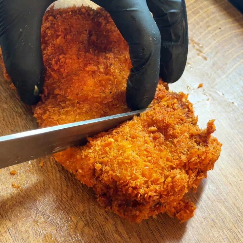 A black-gloved hand using a knife to slice a large, crispy fried chicken breast in half on a wooden cutting board.