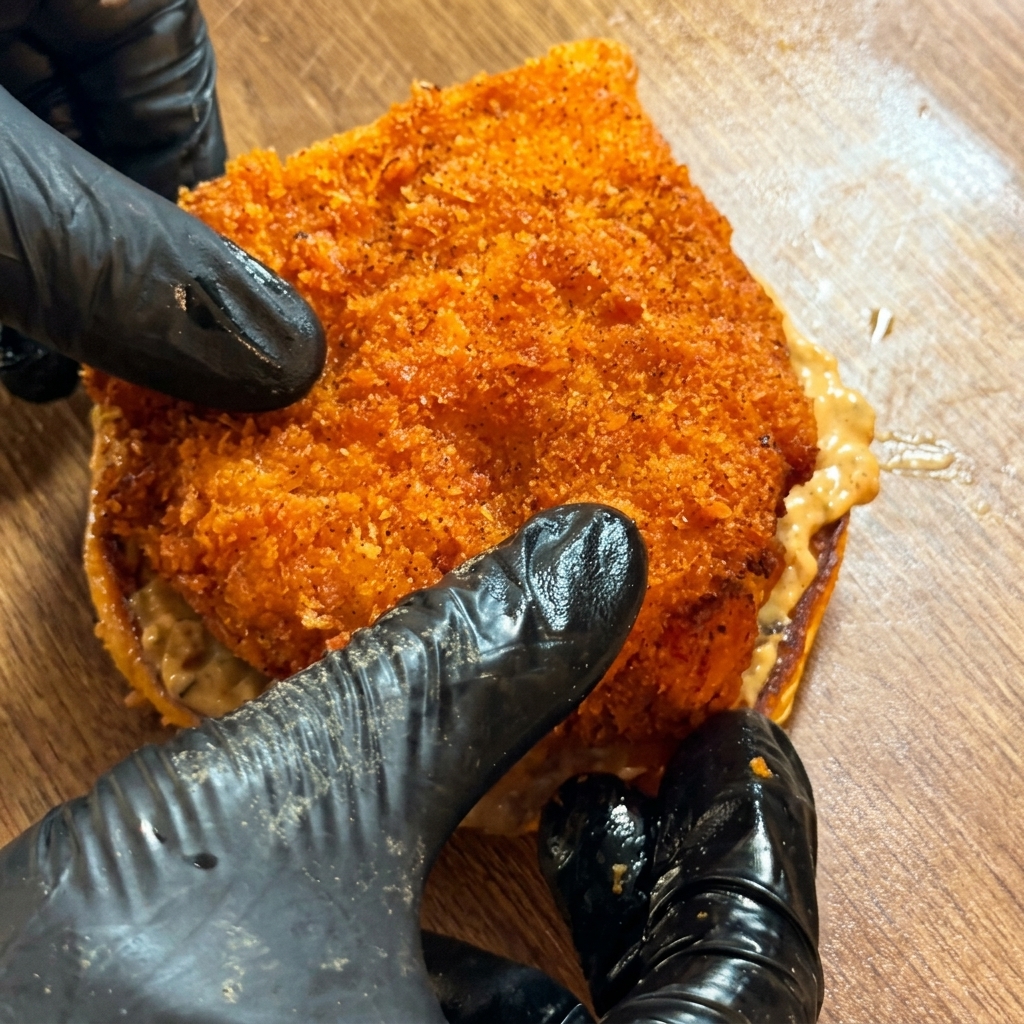 Black-gloved hands placing a thick, crispy fried chicken patty onto a sauce-covered burger bun.