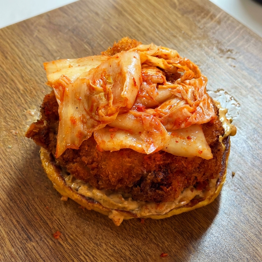 A crispy fried chicken patty being stacked on top of a layer of kimchi.