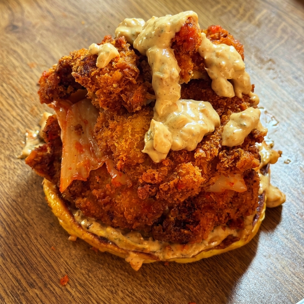 Creamy sauce being drizzled over the stacked fried chicken pieces.