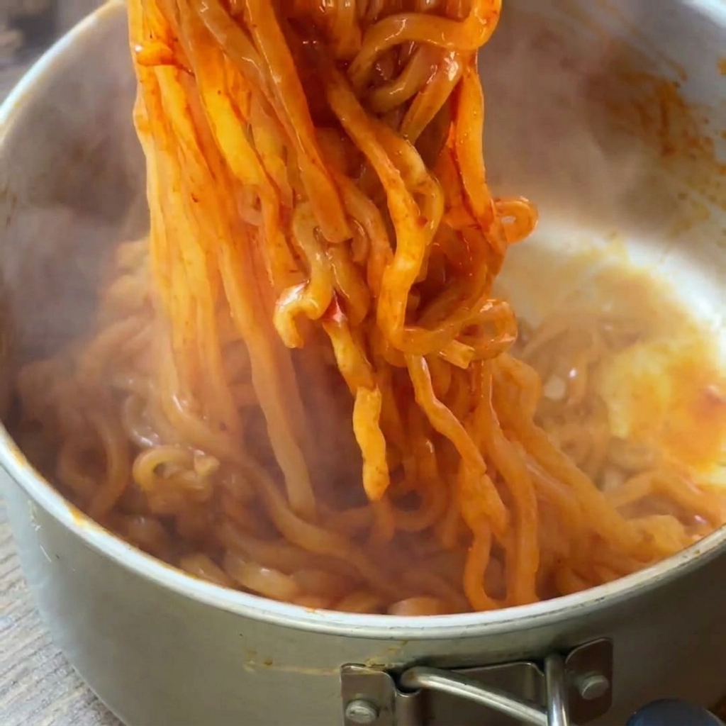 Long, glossy red spicy noodles being lifted from a pot with chopsticks.
