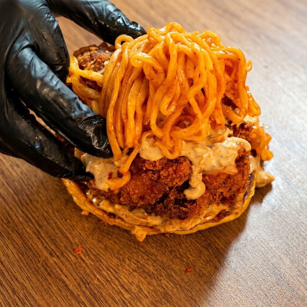A massive pile of glossy red noodles being placed on the assembled fried chicken burger.