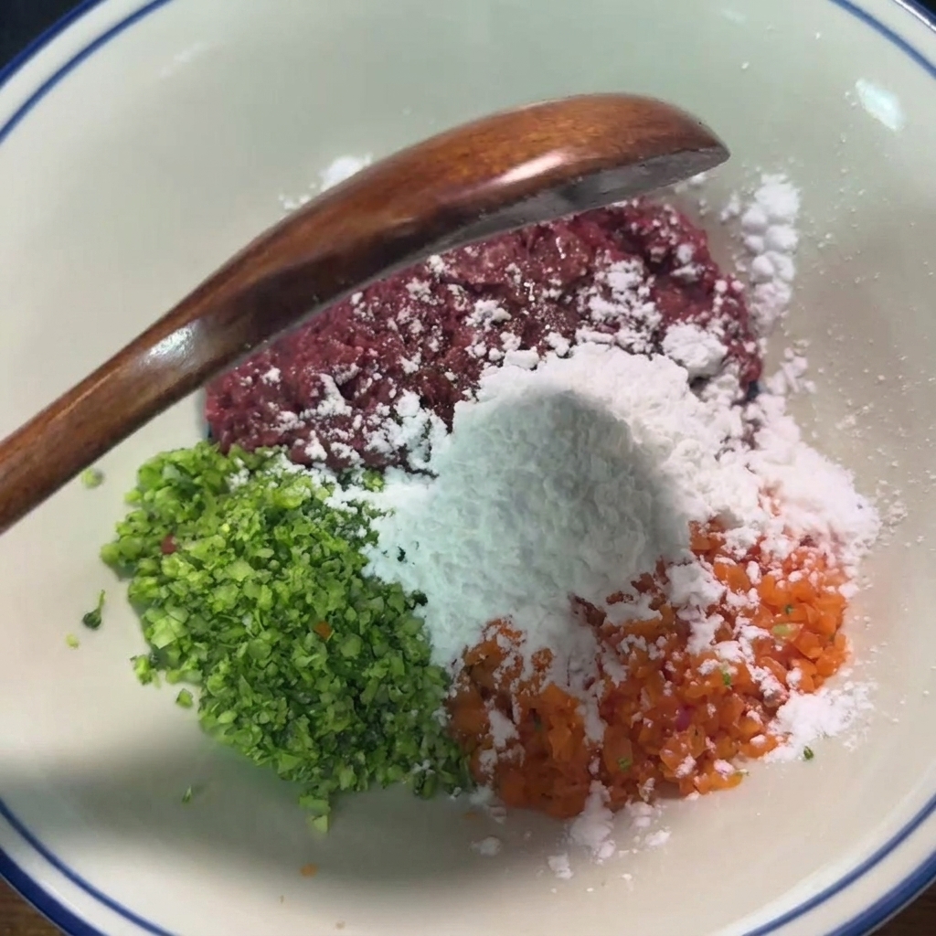 A heap of seasoned spicy noodles being garnished with sesame seeds and seaweed flakes.