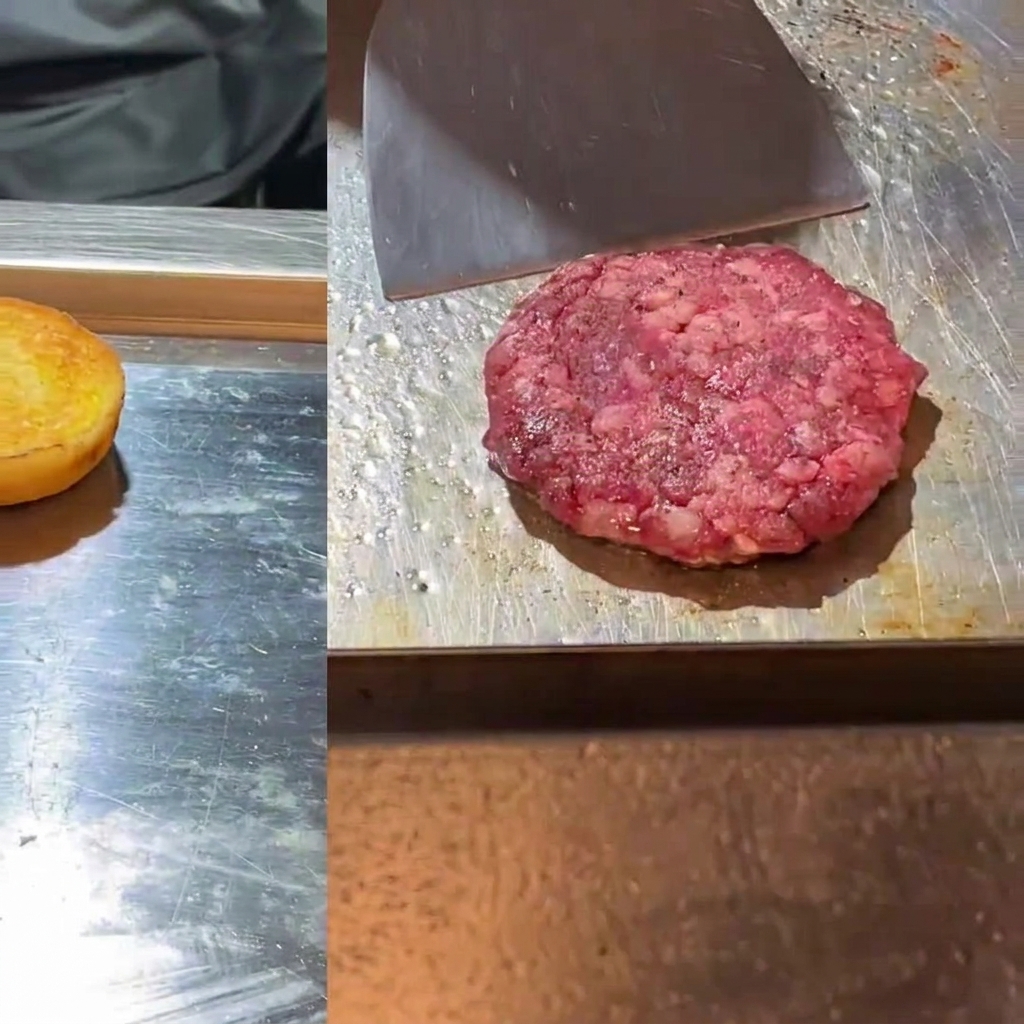 A split view showing a toasted burger bun face-up on a hot griddle on the left, and a raw beef patty being pressed flat with a wide metal spatula on the right.