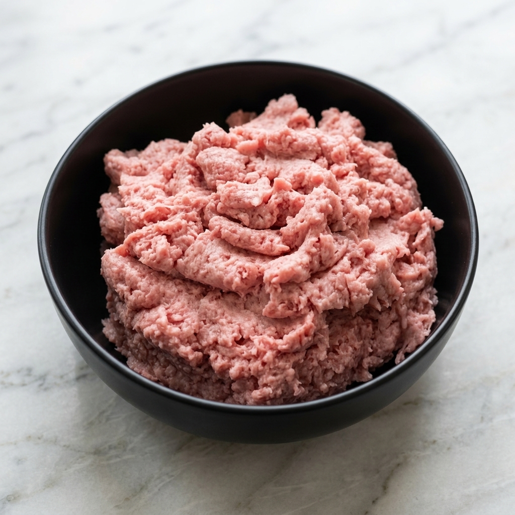 Ground turkey meat being seasoned and mixed in a black bowl.