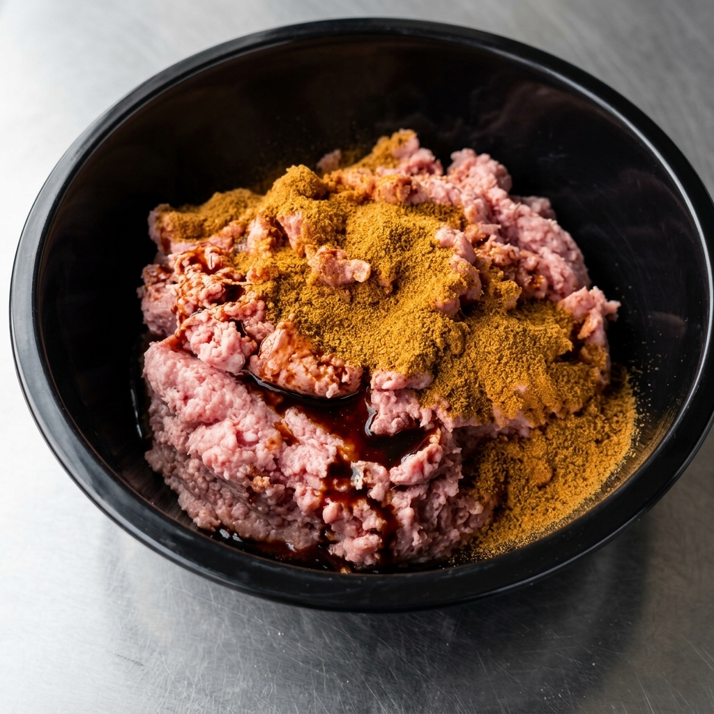 Close-up of spices being worked into ground turkey by hand.
