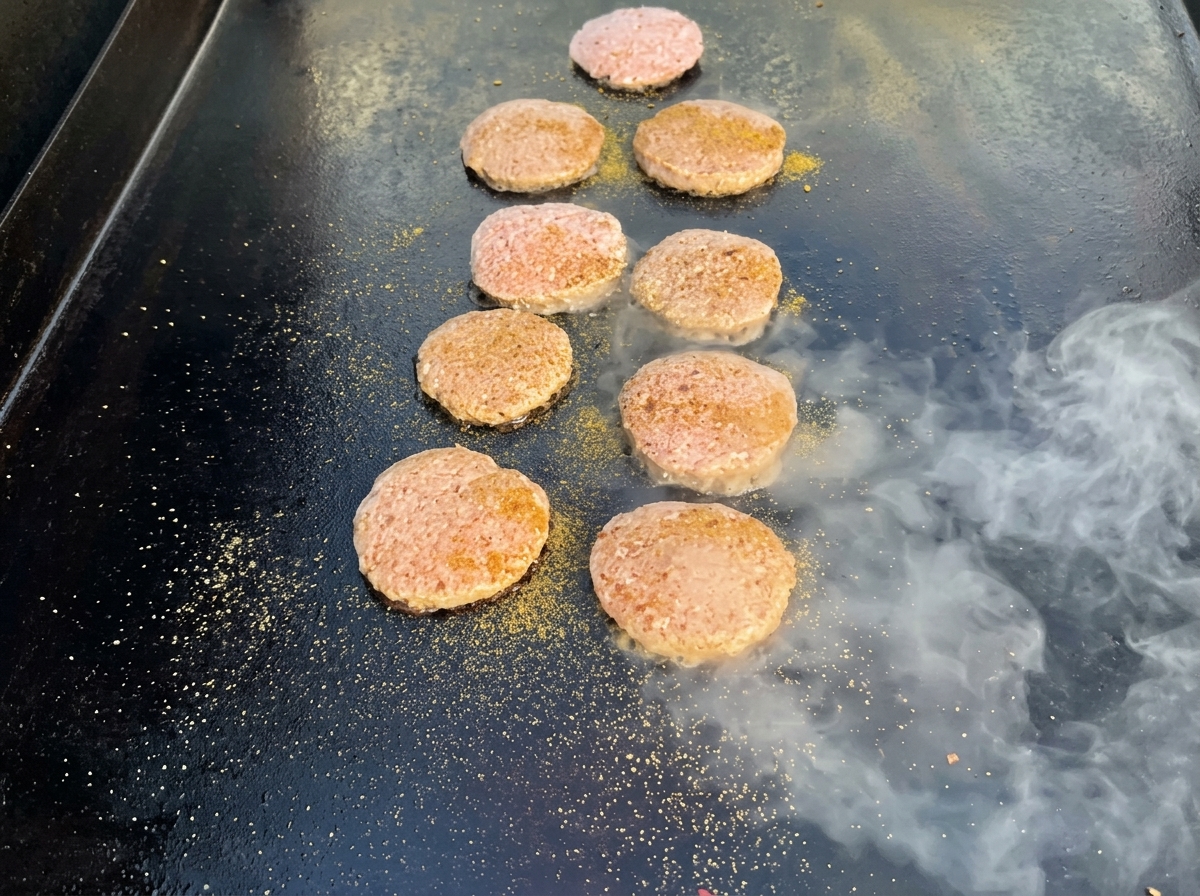 Turkey patties searing on a hot griddle, showing a golden brown crust.