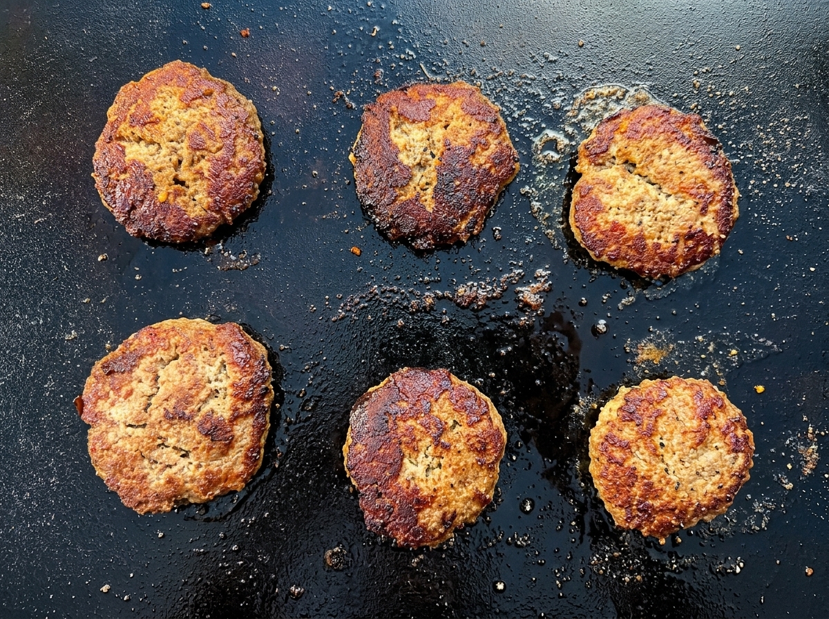 Slider buns toasting on a hot griddle alongside the browning turkey patties.