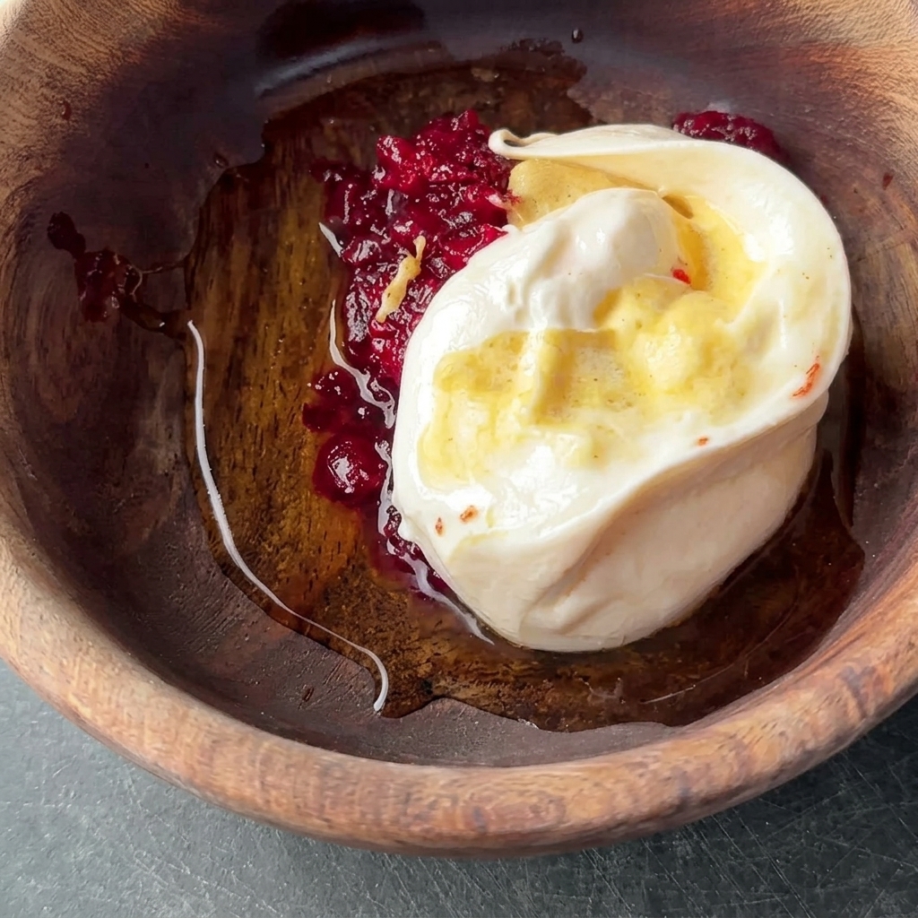 Ingredients being whisked in a wooden bowl to create a smooth, pink sauce.
