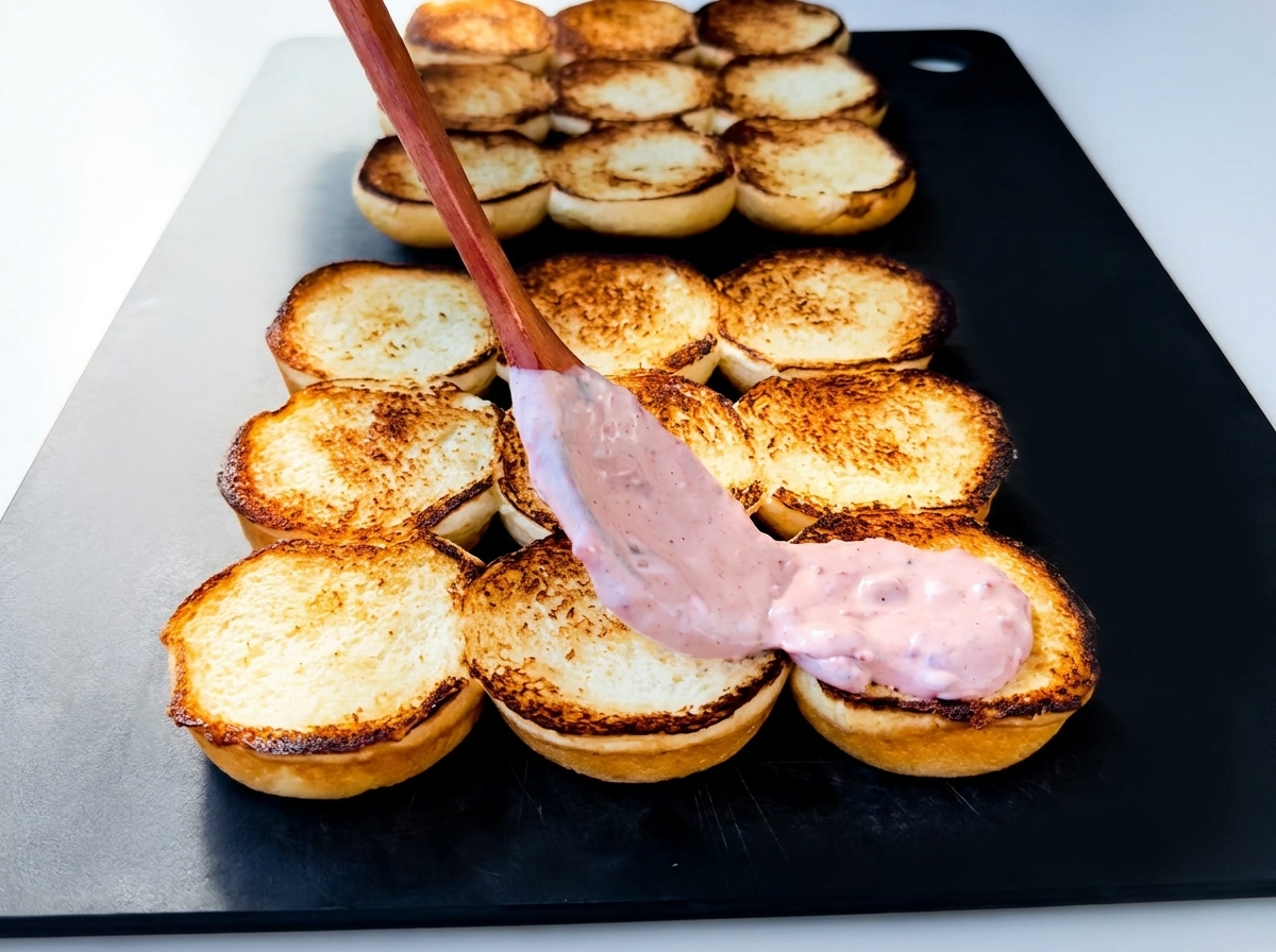 Pink sauce being spread onto toasted slider buns with a wooden spoon.