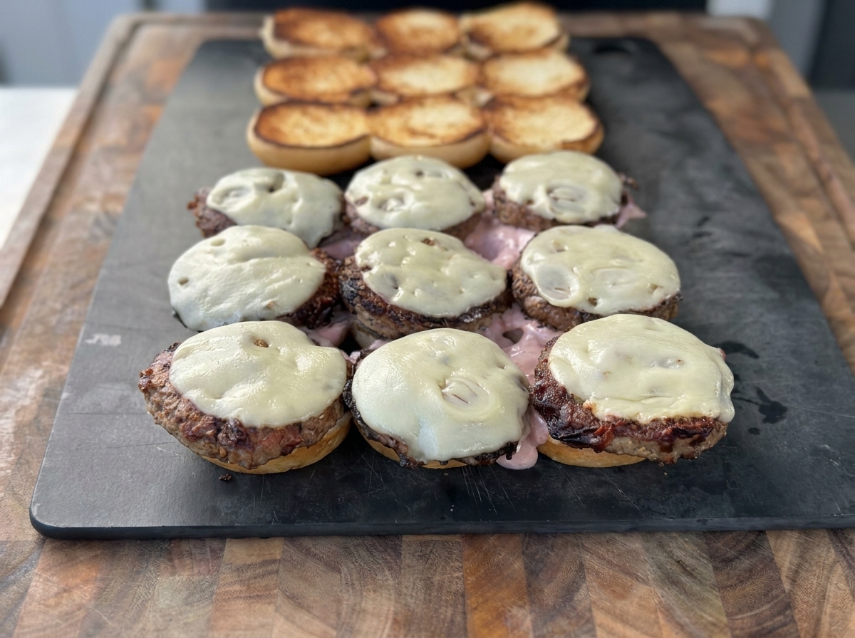 Crispy fried onions being added to the top of cheese-covered turkey patties on buns.
