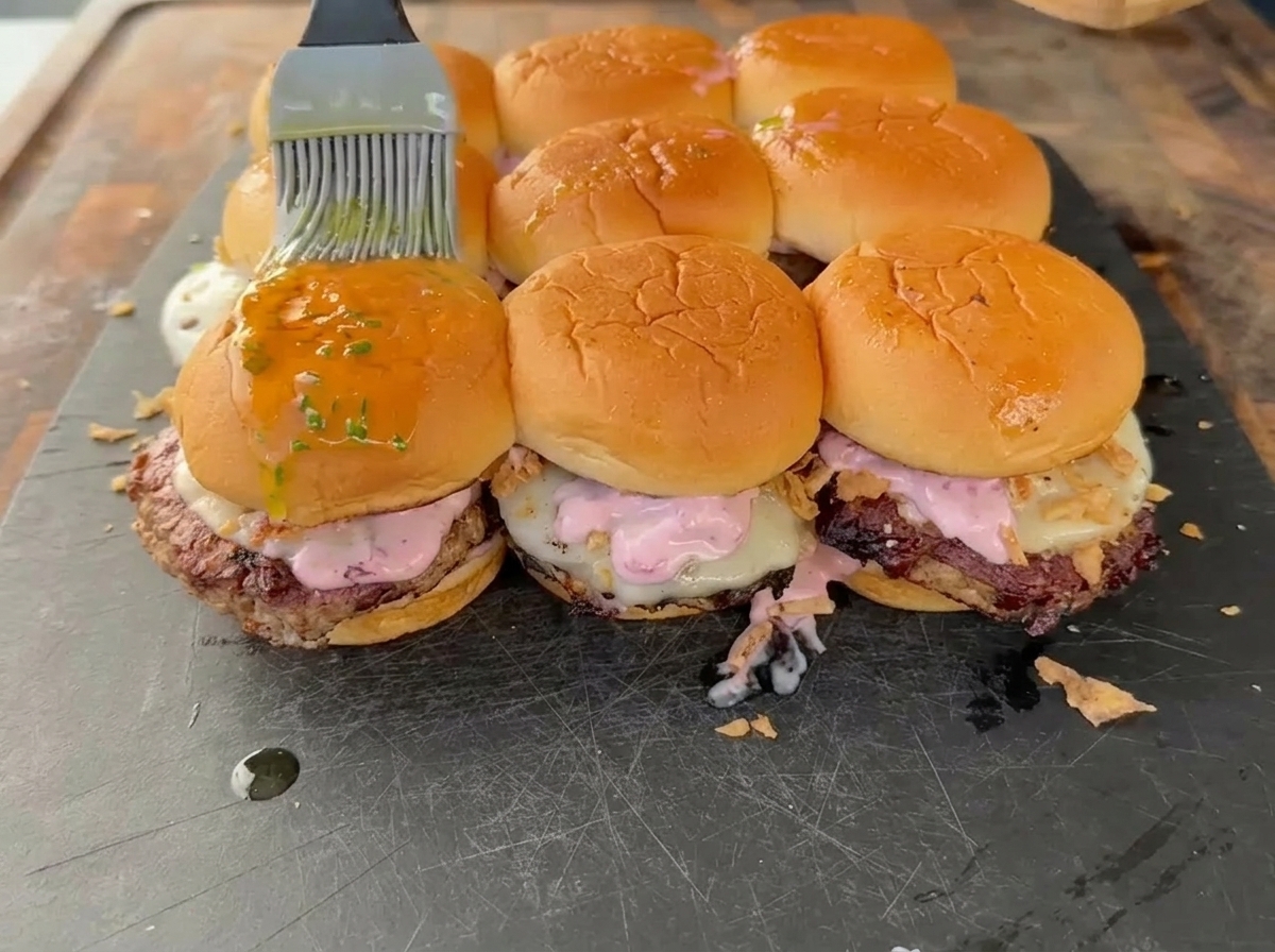 Savory glaze being brushed onto the tops of sliders, garnished with fresh chopped green herbs.