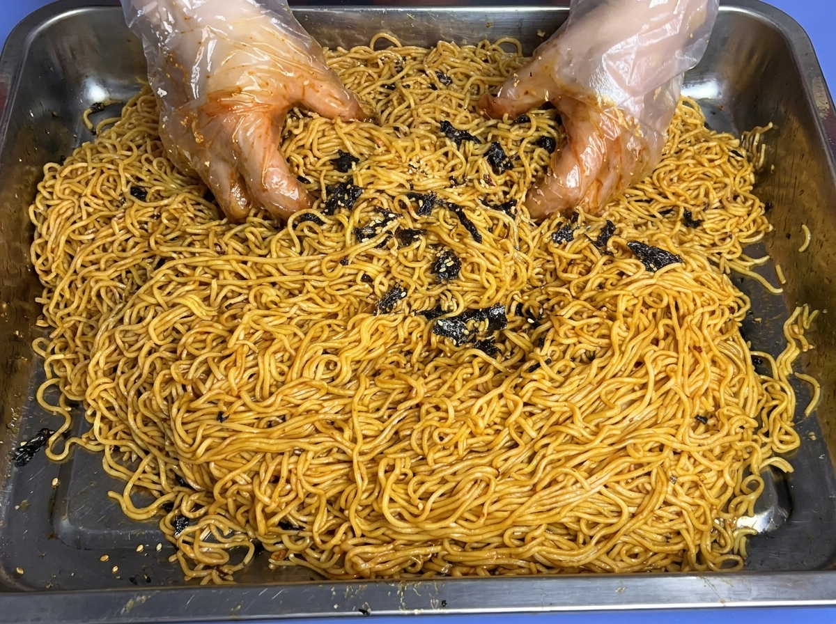 Hands wearing plastic gloves thoroughly tossing the noodles to coat them in sauce.