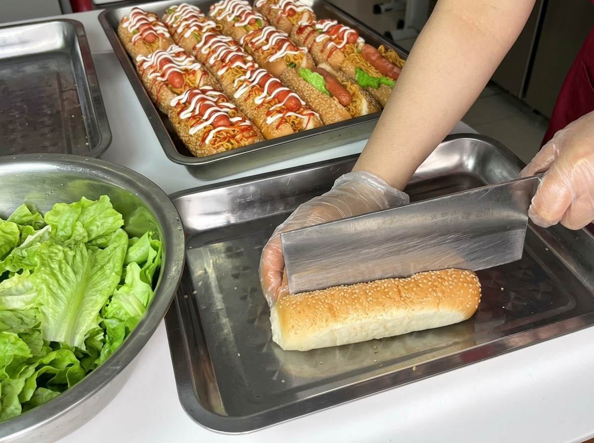 A knife slicing through the top of a soft, sesame-topped hot dog bun.
