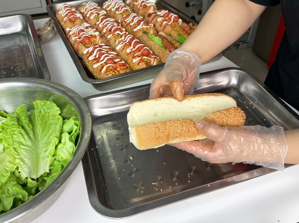 The ingredients—lettuce, noodles, and hot dog—being layered inside the prepared bun.