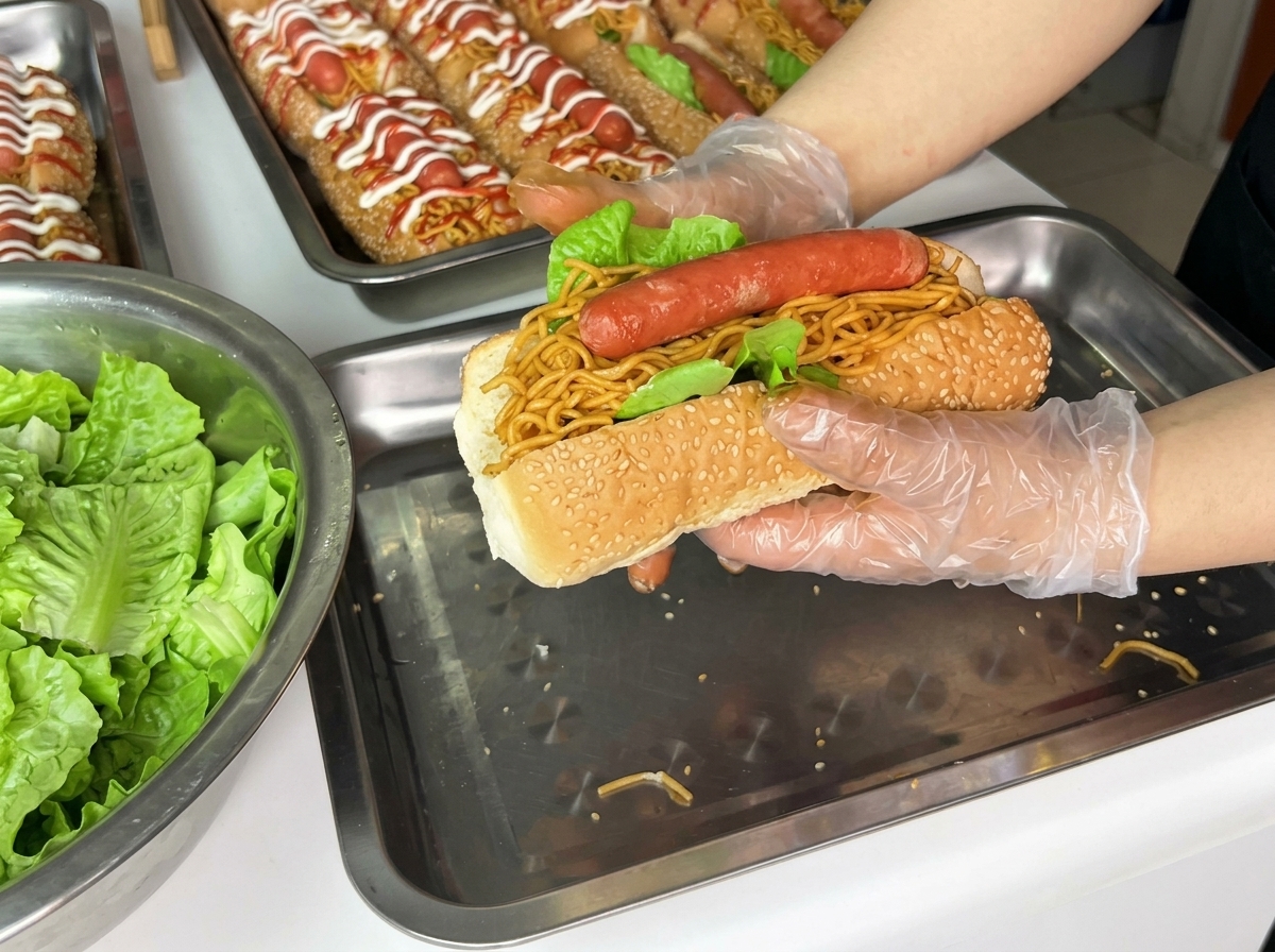 Mayonnaise and ketchup being drizzled in decorative lines over the finished fire noodle hot dog burger.