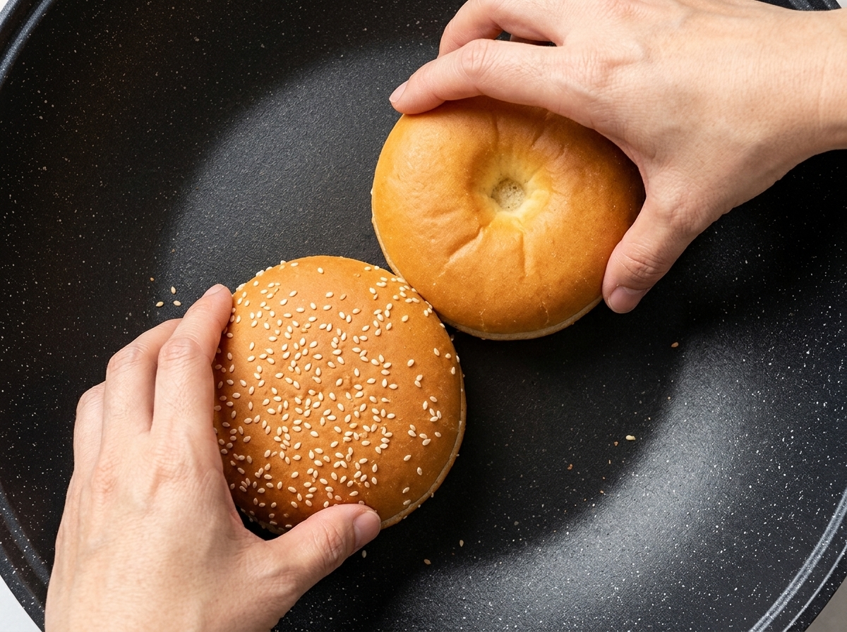 Two halves of a sesame seed bun toasting in a hot skillet.