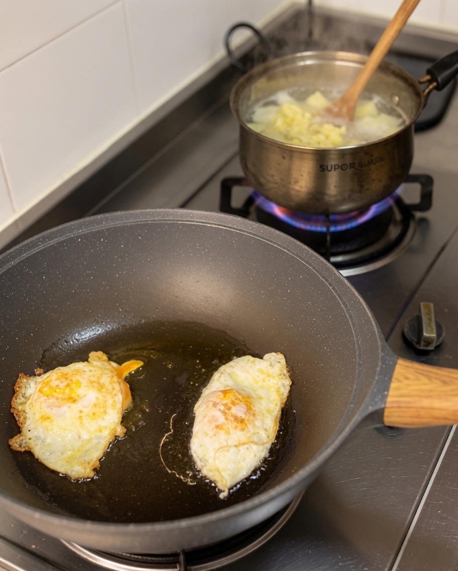 Meat patties frying in a pan.
