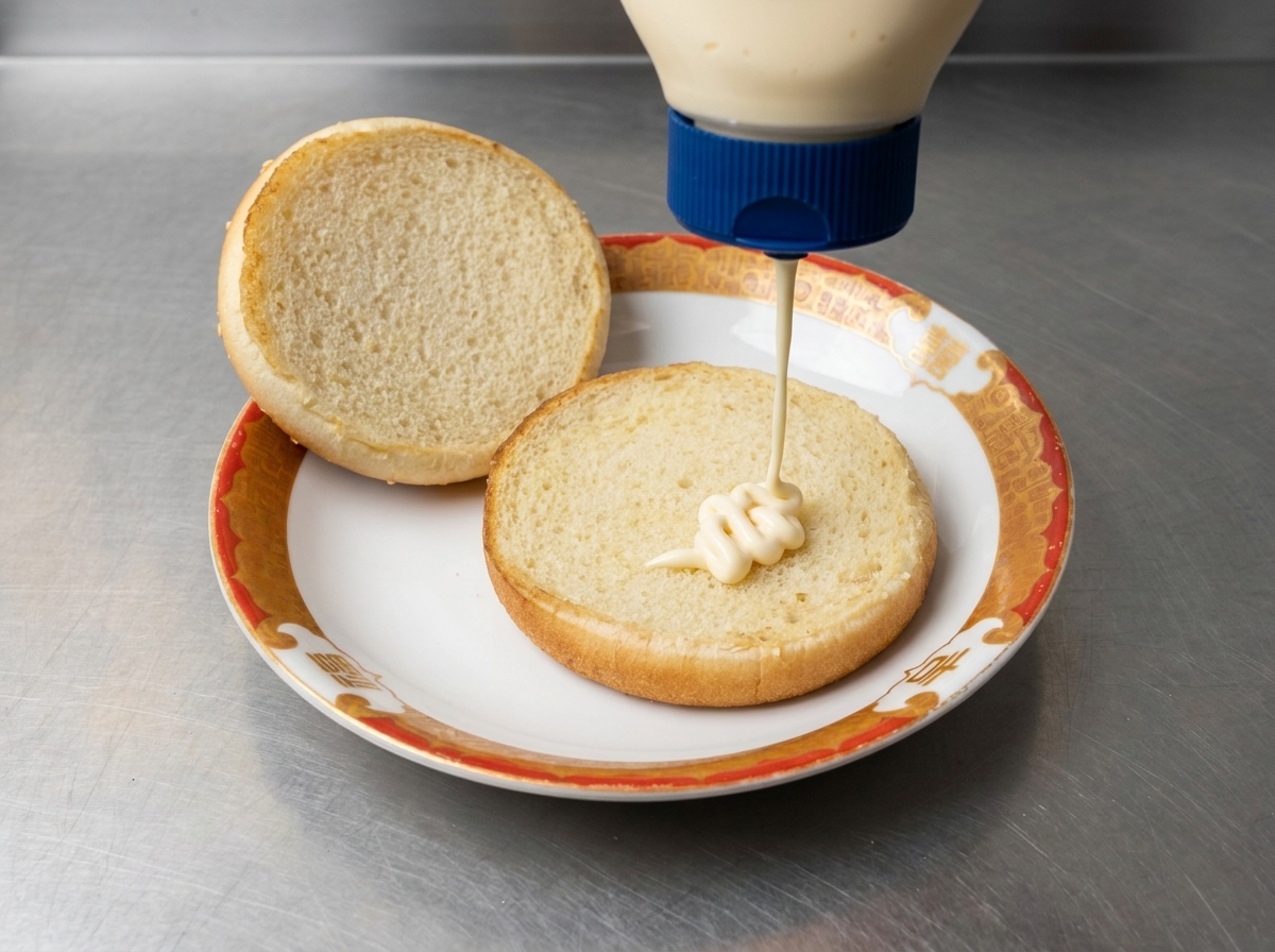 Bottom bun with mayonnaise and a fried egg placed on top.