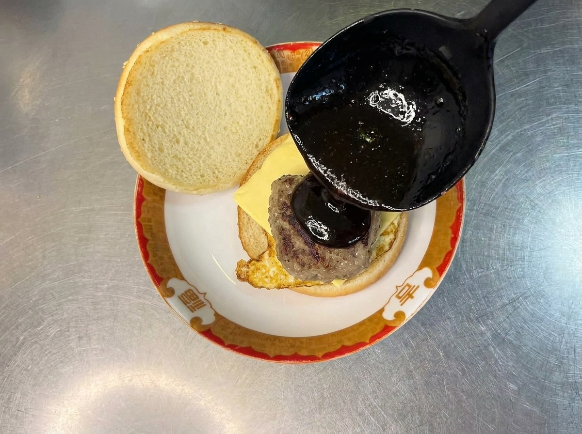 A close-up of a burger patty being topped with ketchup while resting on a cheese-covered bun.