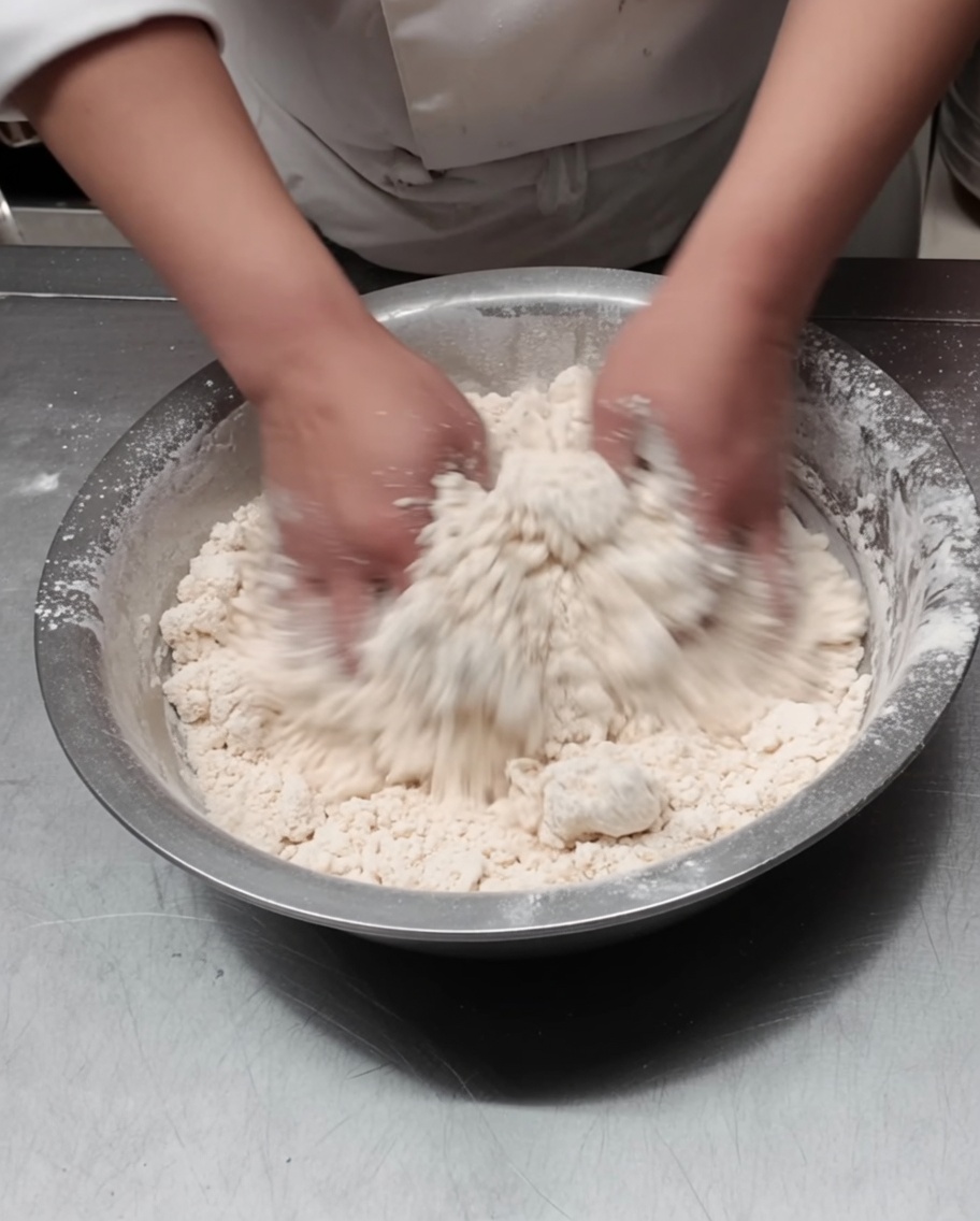Hand mixing the flour and water with fingers spread to create shaggy flakes.