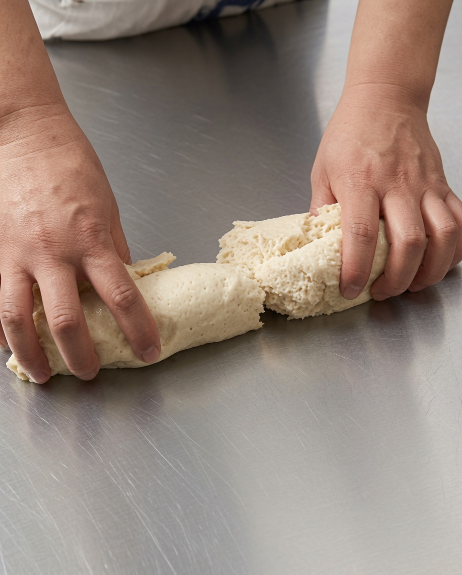 Dough being stretched and kneaded on a stainless steel table.