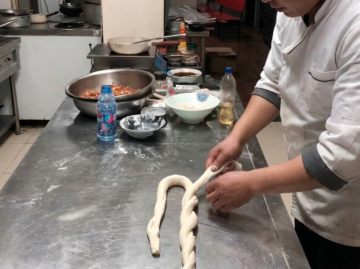 Hands folding a thick piece of dough onto itself on a floured surface.