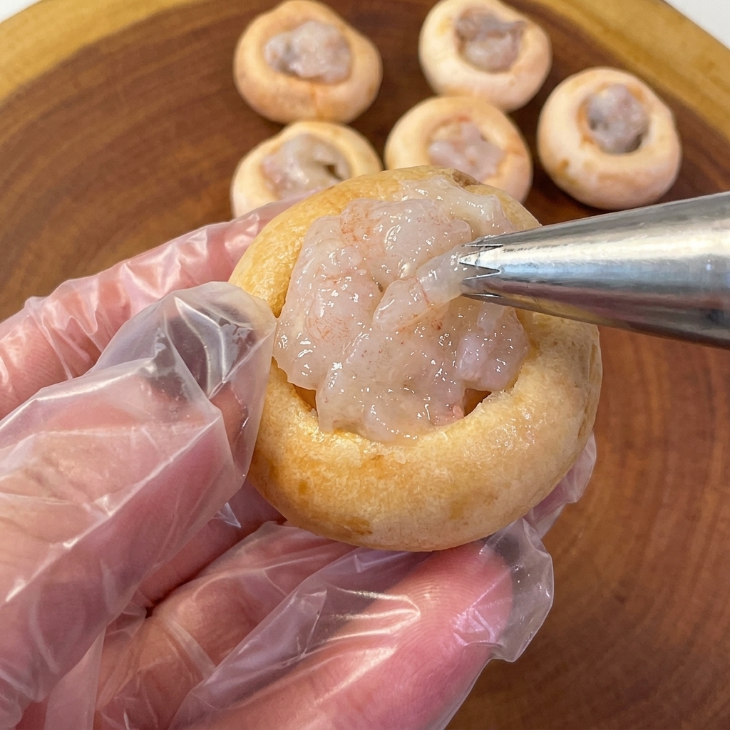 Mushroom cap being filled with shrimp paste using a piping bag.