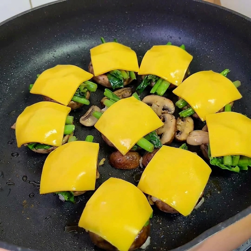 Pan covered with a lid, steaming the mushroom burgers to melt the cheese.