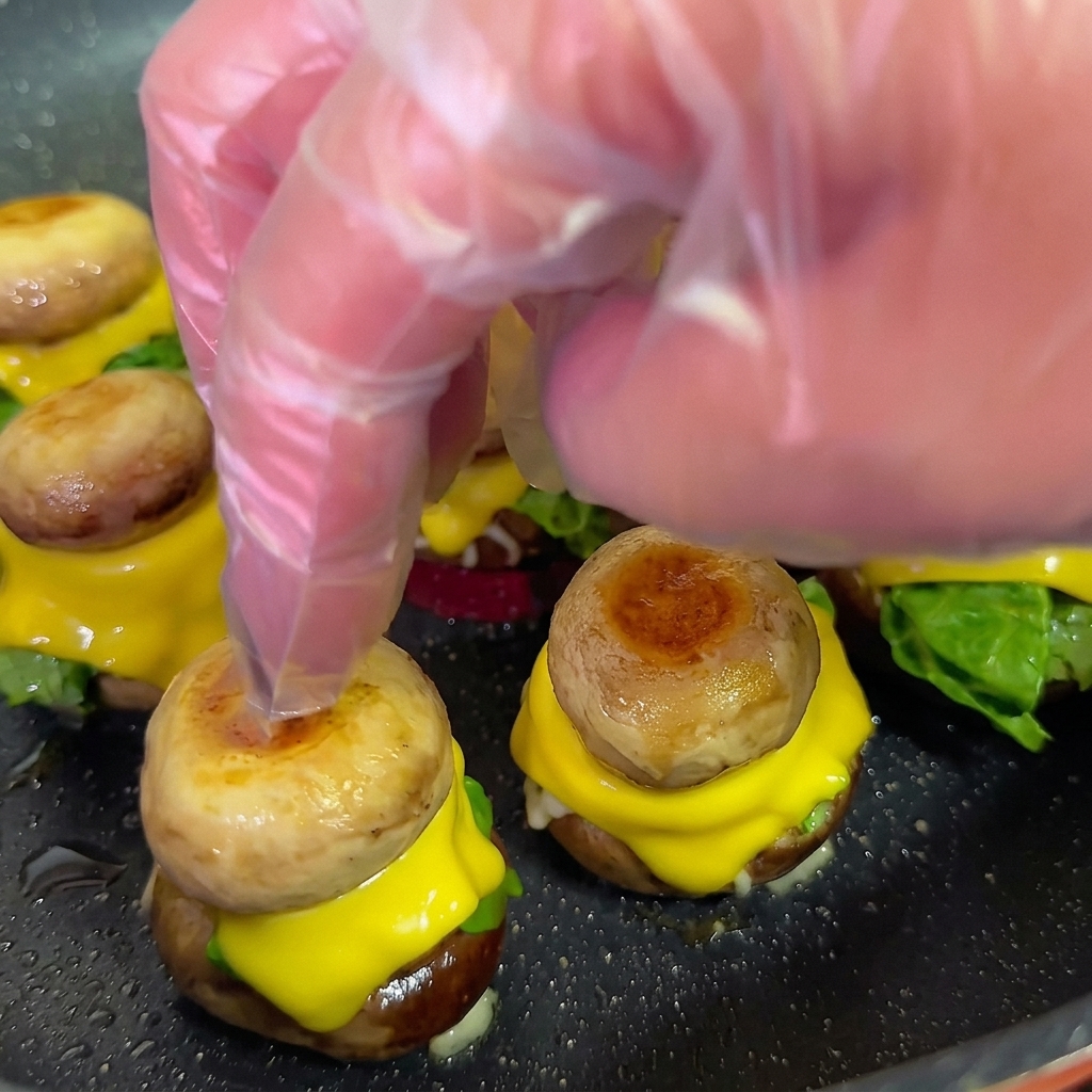 A hand using a toothpick to skewer and secure a assembled mini mushroom burger.